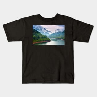 Lake in the mountains on a foggy day Kids T-Shirt